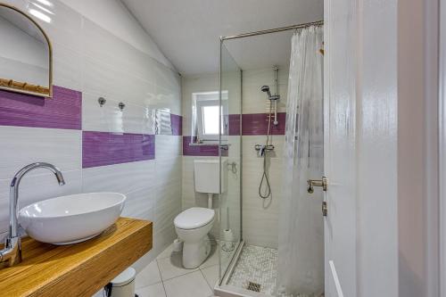 a bathroom with a sink and a toilet and a shower at Apartments Galeb in Poreč
