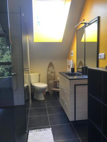 une salle de bain avec toilettes et lavabo dans l'établissement Longère en Bretagne, à Nouvoitou