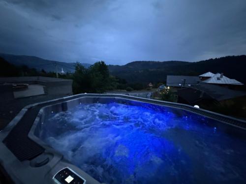 a blue hot tub on the roof of a house at Pensiunea AlexOlar New One in Horea