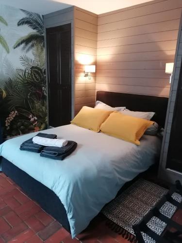 une chambre avec un grand lit avec des oreillers jaunes dans l'établissement Chambre chez l habitant avec petit déjeuner, à Moussy-le-Vieux