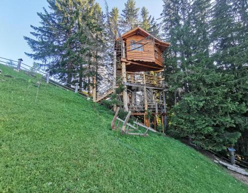 a tree house on the side of a hill at Guesthouse Planinarski dom Neviđen'o in Žabljak