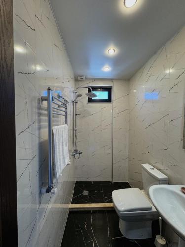 a bathroom with a toilet and a sink at Villa Harmony in Chakvi