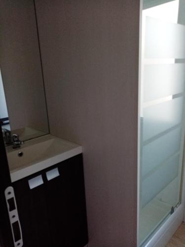 une salle de bain avec un lavabo et un miroir dans l'établissement Mobil-home, à Beynes