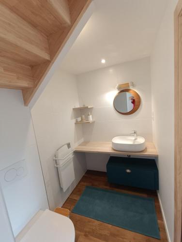 une salle de bain avec un lavabo et des toilettes dans l'établissement le petit moulin de Kerloroc, à Ploudalmézeau