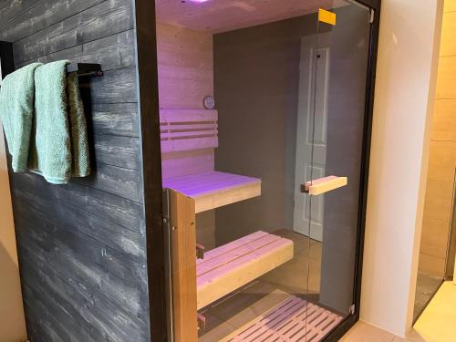a bathroom with a shower with purple steps at VILLA am Paulsberg mit Sauna - V4 in Braunlage
