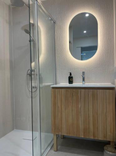une salle de bain avec un lavabo et une douche avec un miroir dans l'établissement Appartement Rooftop Cannes, à Cannes