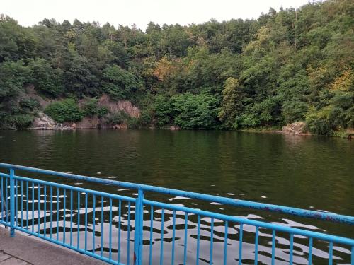 a blue railing next to a river with trees at Chalupa u Libuše in Lultsch