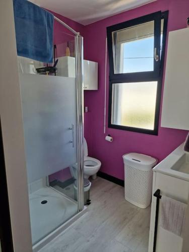 Un baño con ducha, inodoro y ventana. en Maison a 10 min de la plage, en Ploemeur