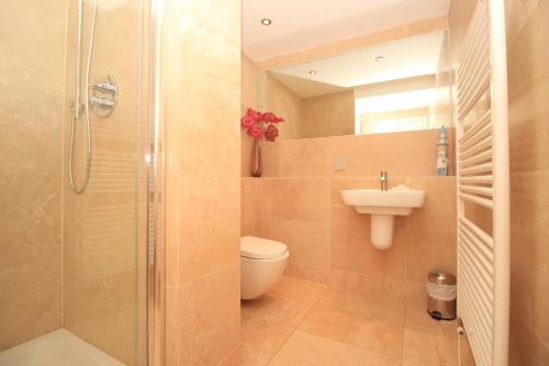 ein Badezimmer mit Dusche, Toilette und Waschbecken in der Unterkunft BEACHSIDE SPACIOUS apartment, private garden in Saint Merryn