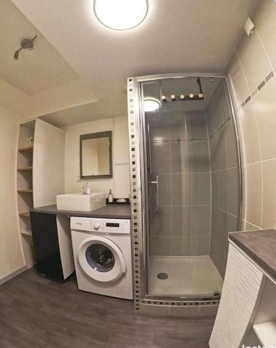 une salle de bain avec douche et machine à laver dans l'établissement Logement cosy près des sites JO, à Stains