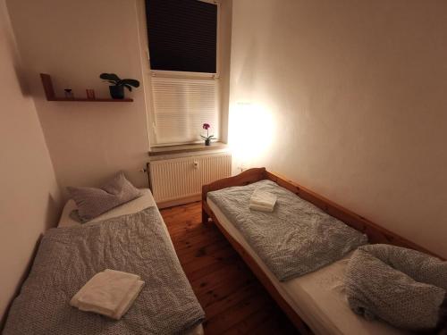 two beds in a small room with a window at Forsthaus Nicolai in Pretzsch