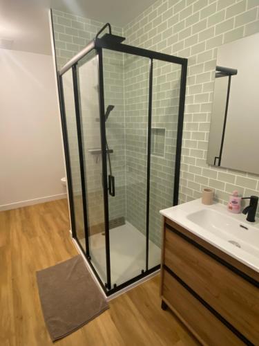 a glass shower in a bathroom with a sink at Welc'Home in Saint-Valéry-en-Caux