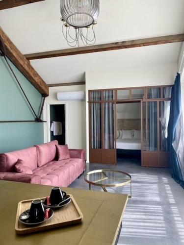 un salon avec un canapé rose et une table dans l'établissement Loft Maison Fluide, à Aigues-Mortes