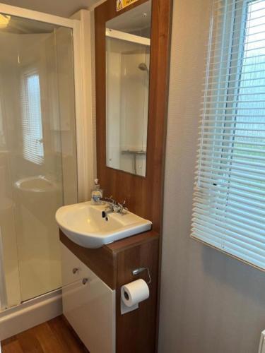 a bathroom with a sink and a shower at Place2bee,Family & Pet Friendly 6 Berth Caravan, Manor Park Hunstanton in Hunstanton