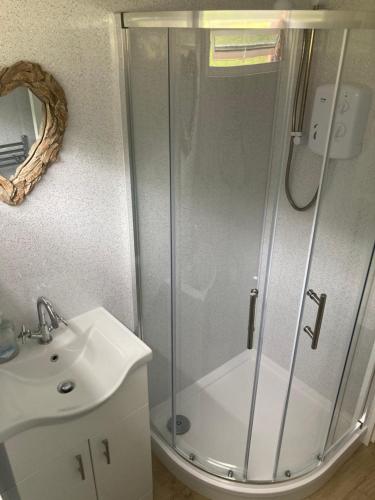 a bathroom with a shower and a sink at Caban Cynnes- The Cosy Cabin, Holiday let, near Mansion House, Llansteffan in Llanstephan