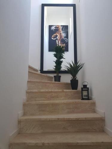 un escalier avec deux plantes en pot et un tableau dans l'établissement Grande maison de vacances, à Alès