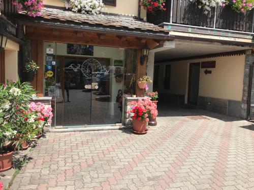 a entrance to a building with potted plants and flowers at Maison Laurent in Courmayeur