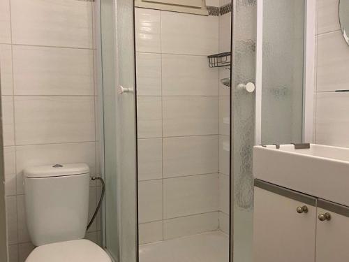 une salle de bain avec toilettes et lavabo dans l'établissement Studio cosy avec climatisation, WIFI et parking - FR-1-553-234, à Balaruc-les-Bains