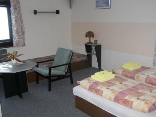 a room with two beds and a desk and a chair at Penzion Akron in Tanvald