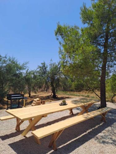 a wooden picnic table sitting next to a tree at Maison Du Lac in Kanoni