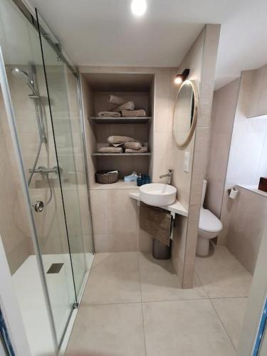 une salle de bain avec une douche, un lavabo et des toilettes dans l'établissement La Porte Saint Mi-Sel, Gîte au coeur de la cité médiévale, à Guérande