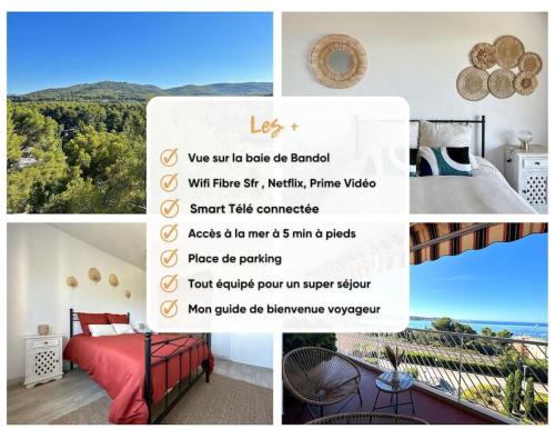 un collage de photos d'une chambre avec vue dans l'établissement Vue sur la Baie de Bandol en famille ou entre amis, à Bandol