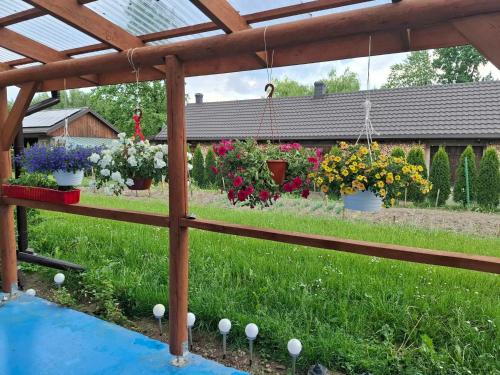 a garden with potted flowers in a yard at Agroturystyka Przy Rajskim Sadzie in Nowy Berezów