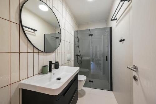 a bathroom with a sink and a mirror and a toilet at House Grisia 33 in Rovinj