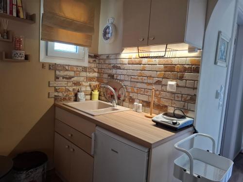 a kitchen with a sink and a brick wall at Actis studios 2 in Stelida