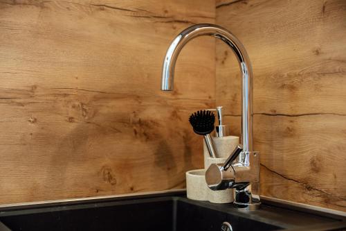 a kitchen sink with a faucet next to a wooden wall at Albizia in Herceg-Novi