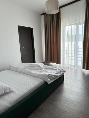 a large bed in a bedroom with a large window at Pensiunea CASA VISELOR in Sviniţa