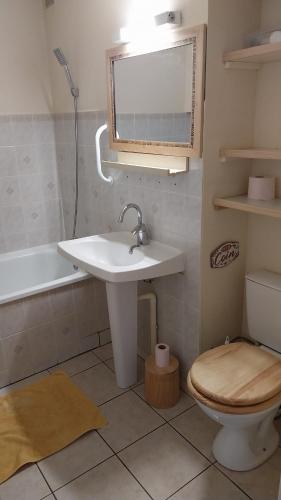 une salle de bain avec un lavabo, des toilettes et un miroir dans l'établissement Petit chalet dans résidence, à Font-Romeu-Odeillo-Via