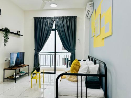 a bedroom with a bed and a large window at The Sun 1 or 3BR Bayan Lepas 4 to 10 pax WL in Bayan Lepas