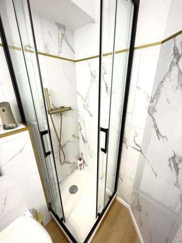 une salle de bain avec douche et toilettes dans l'établissement Havre de paix en bord de plage, à Moëlan-sur-Mer