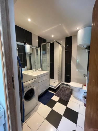 une salle de bain avec un lavabo et une machine à laver dans l'établissement Appartement cosy et spacieux avec une belle vue sur jardin, proche des commodités et à moins de 30 minutes de Paris en transport, à Chennevières-sur-Marne