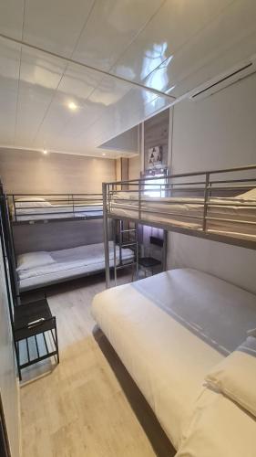 une chambre avec plusieurs lits superposés dans un bâtiment dans l'établissement Gîte Amazonia, à Dijon