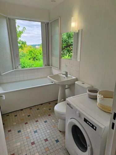 une salle de bain avec un lavabo et une machine à laver dans l'établissement Maison Charmante et Jardin Privé à Gagny - Proche Paris, à Gagny