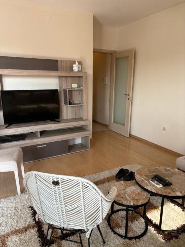 a living room with a television and a couch and a table at Apartment Ana in Podgorica