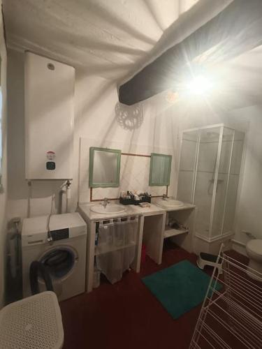 La salle de bains est pourvue d'un lave-linge et d'un bureau avec un miroir. dans l'établissement Agréable maison en Provence, à Allemagne-en-Provence