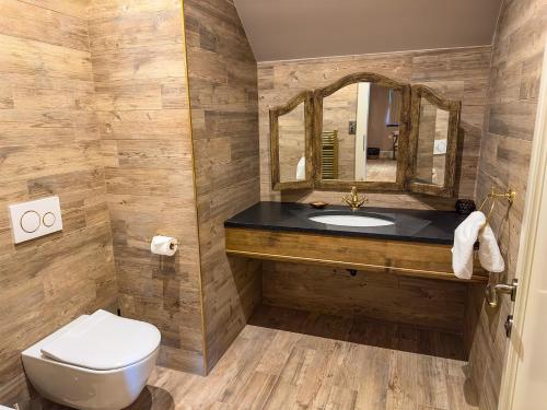 a bathroom with a sink and a mirror at Park Hotel Popovicky in Popovičky