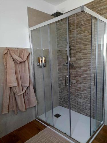 a shower with a glass door and a towel at B&B Bagni di sole in Campo San Martino
