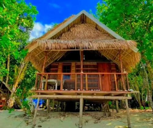 a hut with a straw roof on a beach at Risen Raja Ampat in Pulau Birie