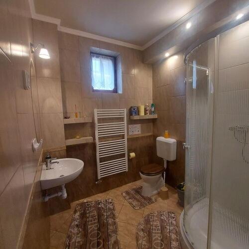 a bathroom with a toilet and a sink and a shower at Fenyves Vendèghàz in Tapolca