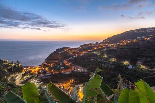 an aerial view of a town on a hill with the ocean at Villa Margarida in Ponta do Sol