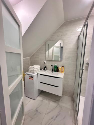 une salle de bain blanche avec un lavabo et un miroir dans l'établissement Appartement Calme Moderne proche de disneyland WIFI & Café gratuit & Arrivée Autonome, à Bussy-Saint-Georges