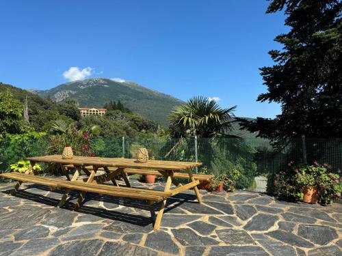 a picnic table and bench with a mountain in the background at Casa Rural CAL PAGÉS Montseny in Montseny