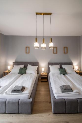 two large beds in a room with two lamps at Pokoje nad Kłodnicą in Gliwice