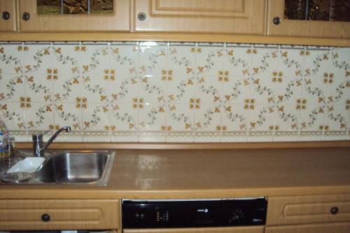 cocina con fregadero y papel pintado con motivos florales en Odeceixe Beach Apartments, en Odeceixe