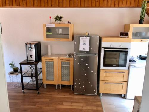 a kitchen with a refrigerator and a microwave at Ferien im Schwarzwald Freiamt in Freiamt