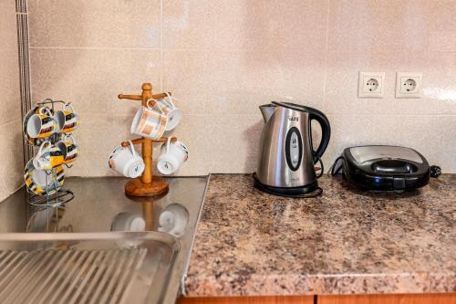 a kitchen counter with a tea kettle and a toaster at morfo's sunset in Sounio